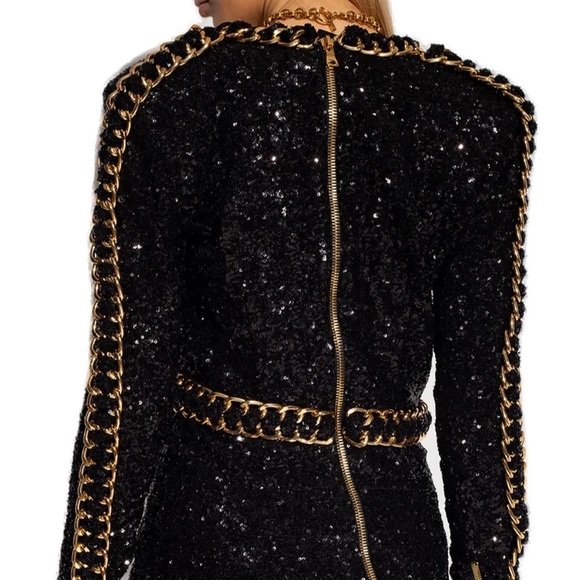 Balmain V-Neck Chain-Trimmed Sequin Dress - Picture 3 of 3